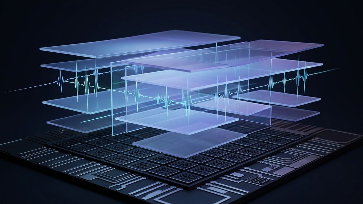 Layered translucent planes above a dark microelectrode grid, with faint cyan spiking waveform traces threading between them.