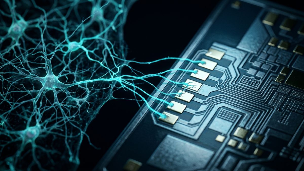 Living neurons with glowing cyan processes extending toward the metallic contact pads of a silicon chip.