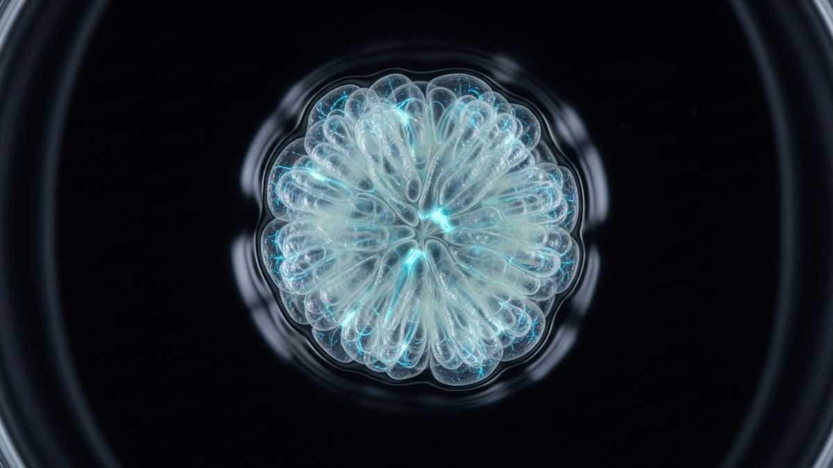 Macro view of a translucent brain organoid in culture, with faint cyan neural filaments against a black background.