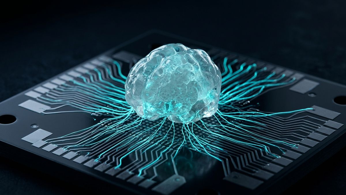 A translucent brain organoid resting on a dark microelectrode array, with glowing cyan filaments radiating outward across the electrode grid.