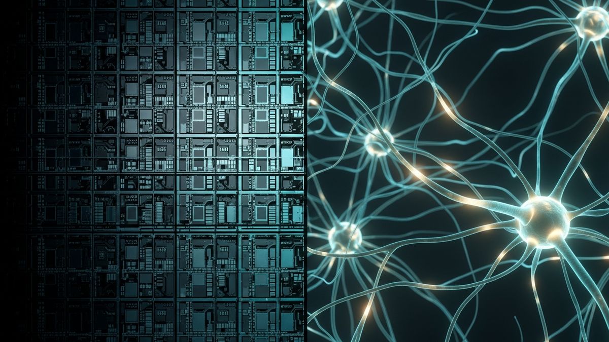 Split composition contrasting cold geometric silicon circuitry on the left with a glowing organic neural mesh on the right.