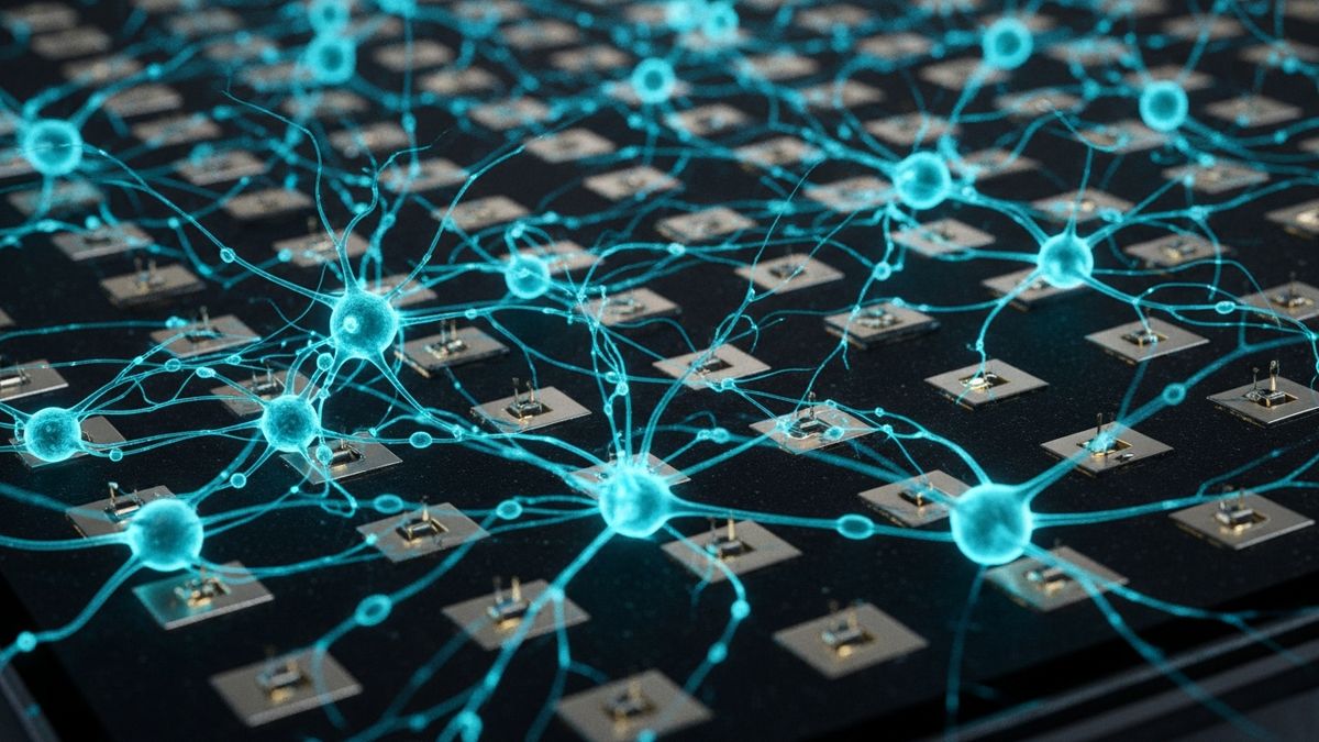A dense living neuronal network growing across a dark silicon microelectrode chip, with glowing dendritic threads bridging electrode pads.